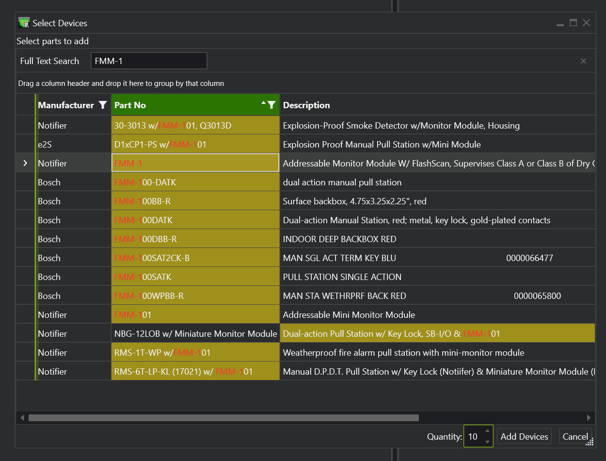 Select Devices dialog with FMM-1 selected and Quantity 10